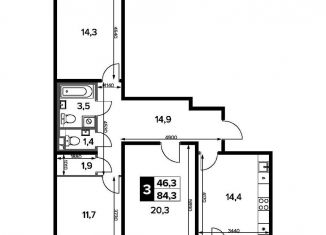 Продается 3-комнатная квартира, 84.3 м2, деревня Сапроново