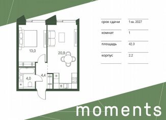 Продается 1-комнатная квартира, 42.3 м2, Москва, метро Войковская, жилой комплекс Моментс, к2.2