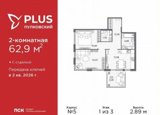 Продажа 2-комнатной квартиры, 62.9 м2, Санкт-Петербург, муниципальный округ Пулковский Меридиан