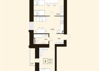 Продается 2-комнатная квартира, 60.7 м2, Уфа, Ленинский район, улица Жуковского