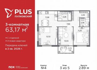 Продажа трехкомнатной квартиры, 63.2 м2, Санкт-Петербург, муниципальный округ Пулковский Меридиан