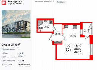 Продам квартиру студию, 25.1 м2, Санкт-Петербург, муниципальный округ Пулковский Меридиан