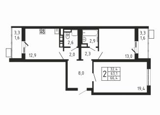 Продается 2-ком. квартира, 66.4 м2, деревня Пирогово