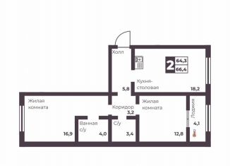 Продается 2-ком. квартира, 64.3 м2, Челябинск, Тракторозаводский район, проспект Ленина, 4Г