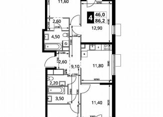 Продается четырехкомнатная квартира, 86.2 м2, Московская область