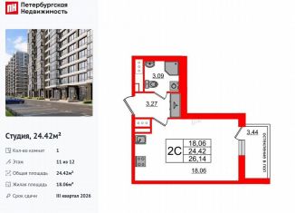 Продается квартира студия, 24.4 м2, Санкт-Петербург, метро Проспект Ветеранов, Кубинская улица, 78к2