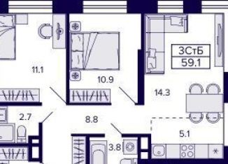 2-ком. квартира на продажу, 59.1 м2, Новосибирск, Красносельская улица, метро Берёзовая роща