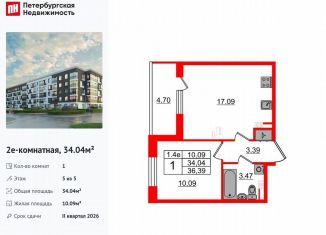 Продам однокомнатную квартиру, 34 м2, Санкт-Петербург, муниципальный округ Пулковский Меридиан